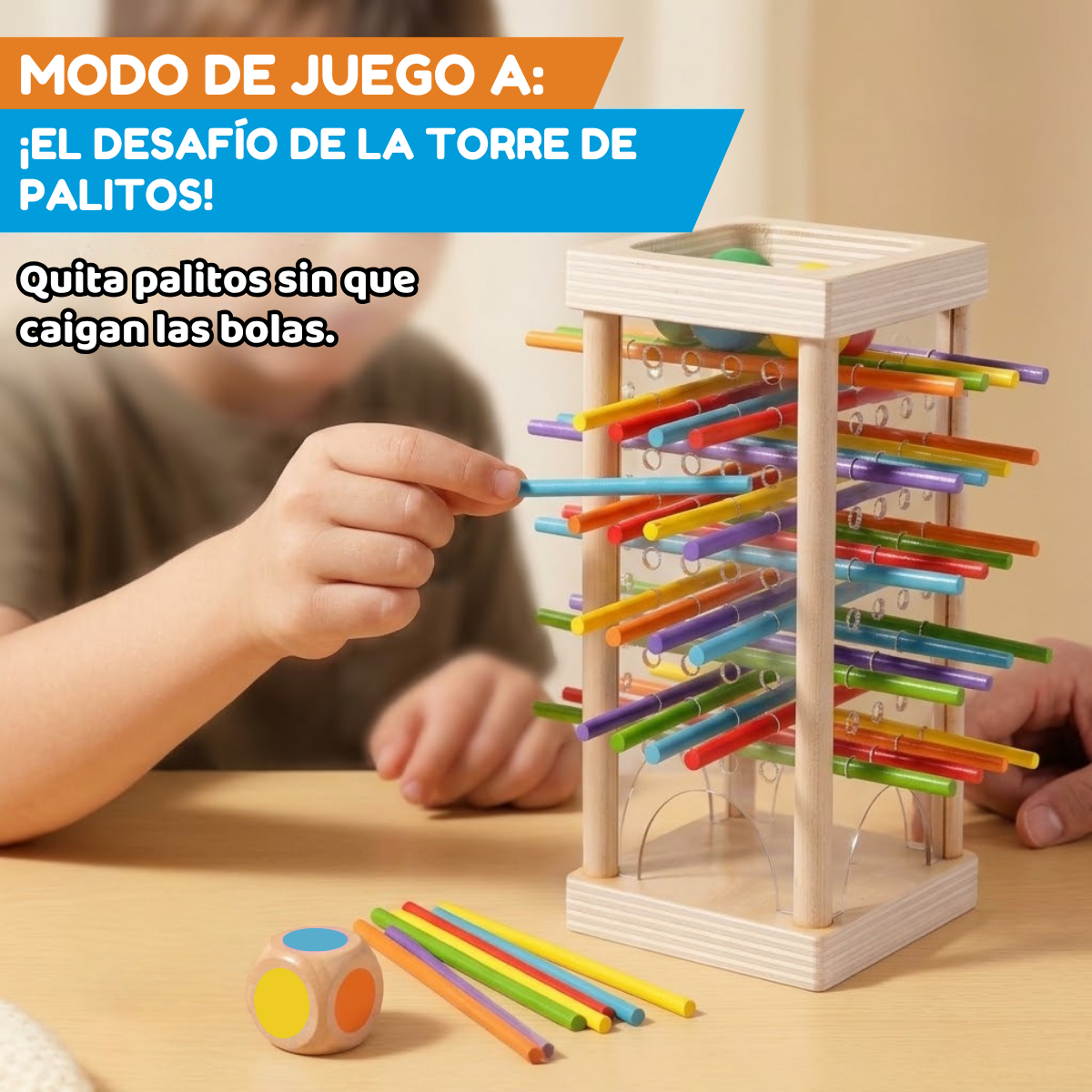 Juego Mesa Madera Montessori Equilibrio Torre Palitos 2en1 - Imagen 4