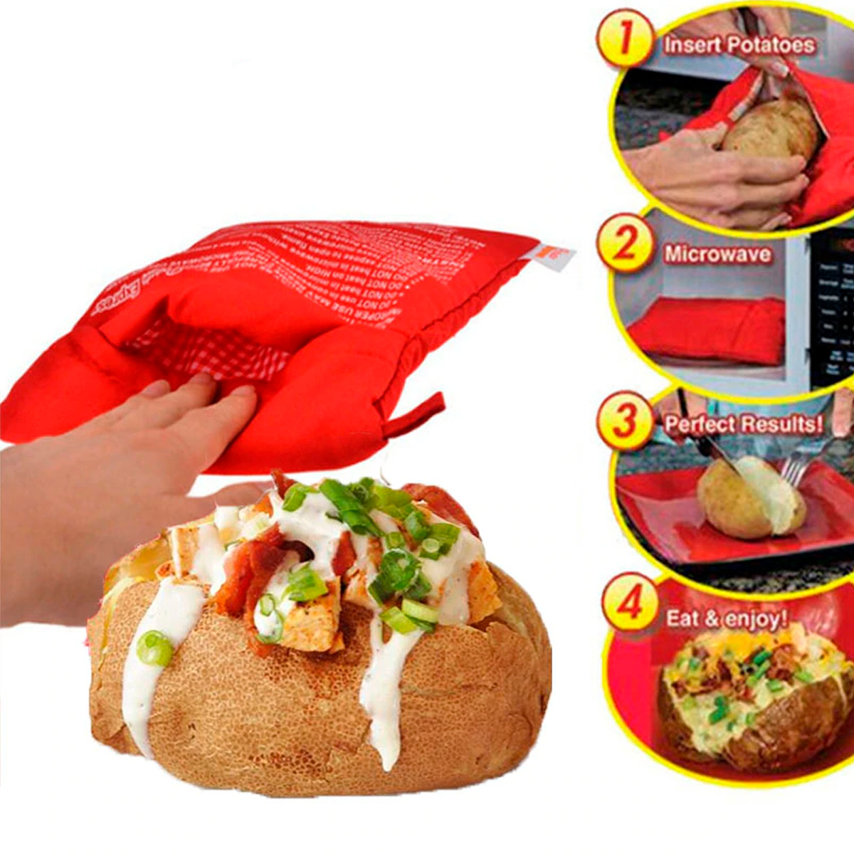 Paquete de 4 bolsas de patatas rojas para microondas, bolsa de papas  reutilizable, ideal para hornear papas en solo 4 minutos