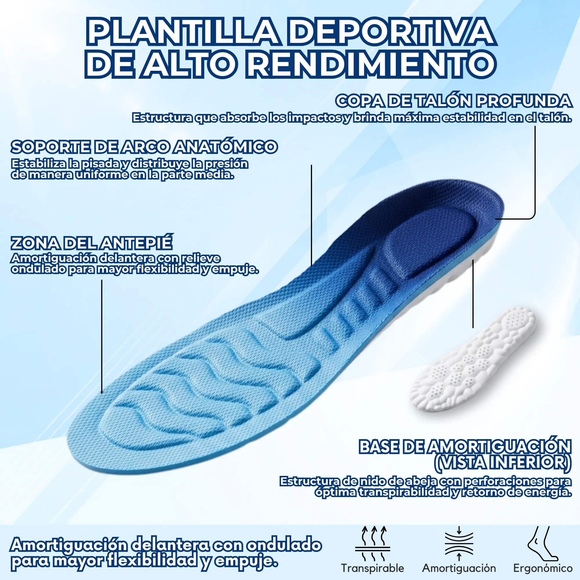 Plantilla Memory Foam Ortopédica: Soporte Deportivo (1 Par) - Imagen 3