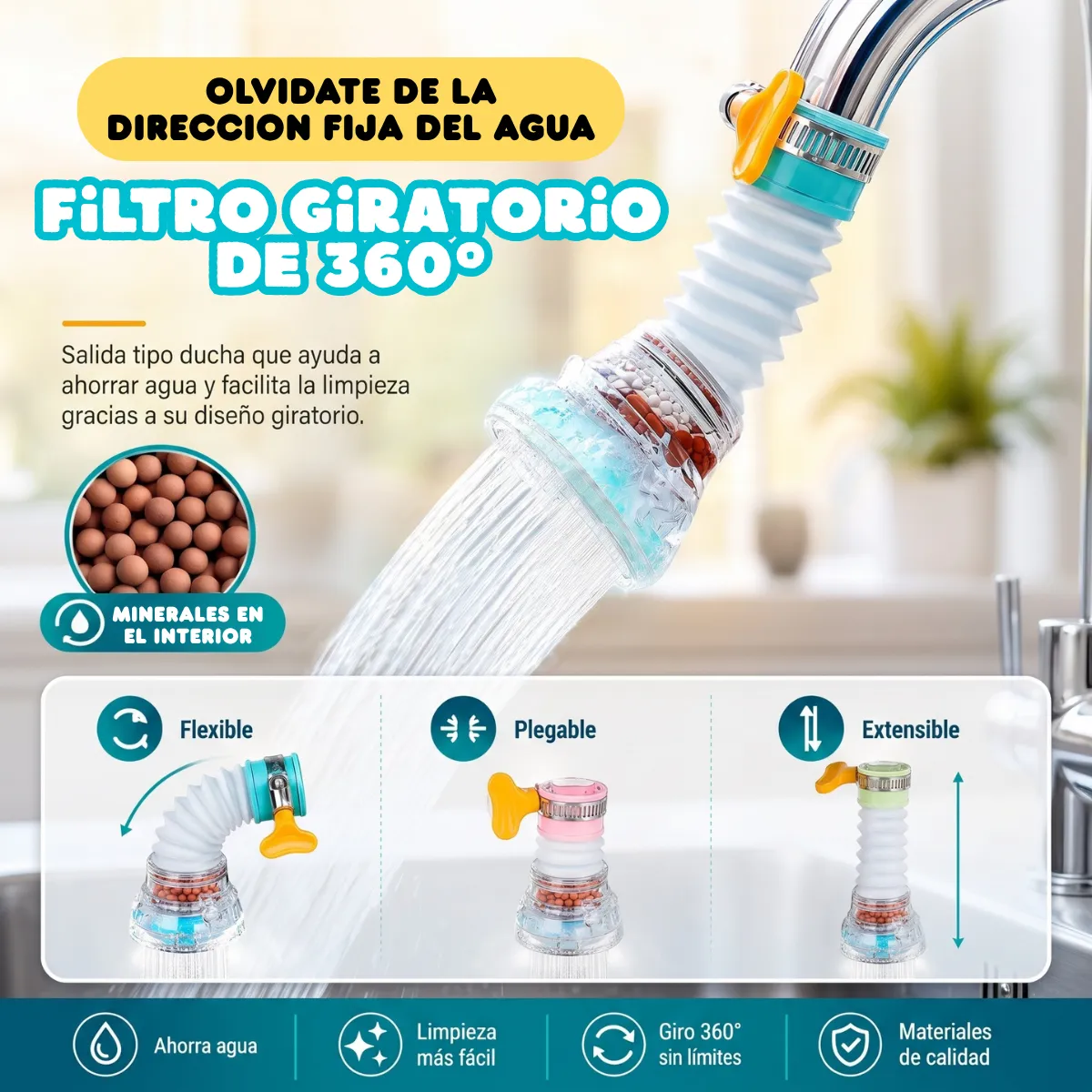 3 Filtros Ahorro Agua Boquilla Grifo Rociador Giratorio 360° - Imagen 7