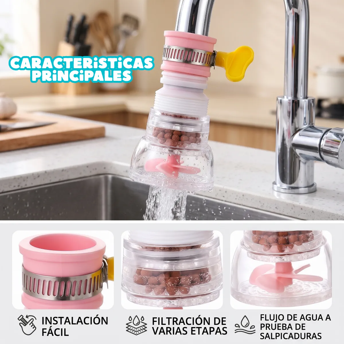 3 Filtros Ahorro Agua Boquilla Grifo Rociador Giratorio 360° - Imagen 6