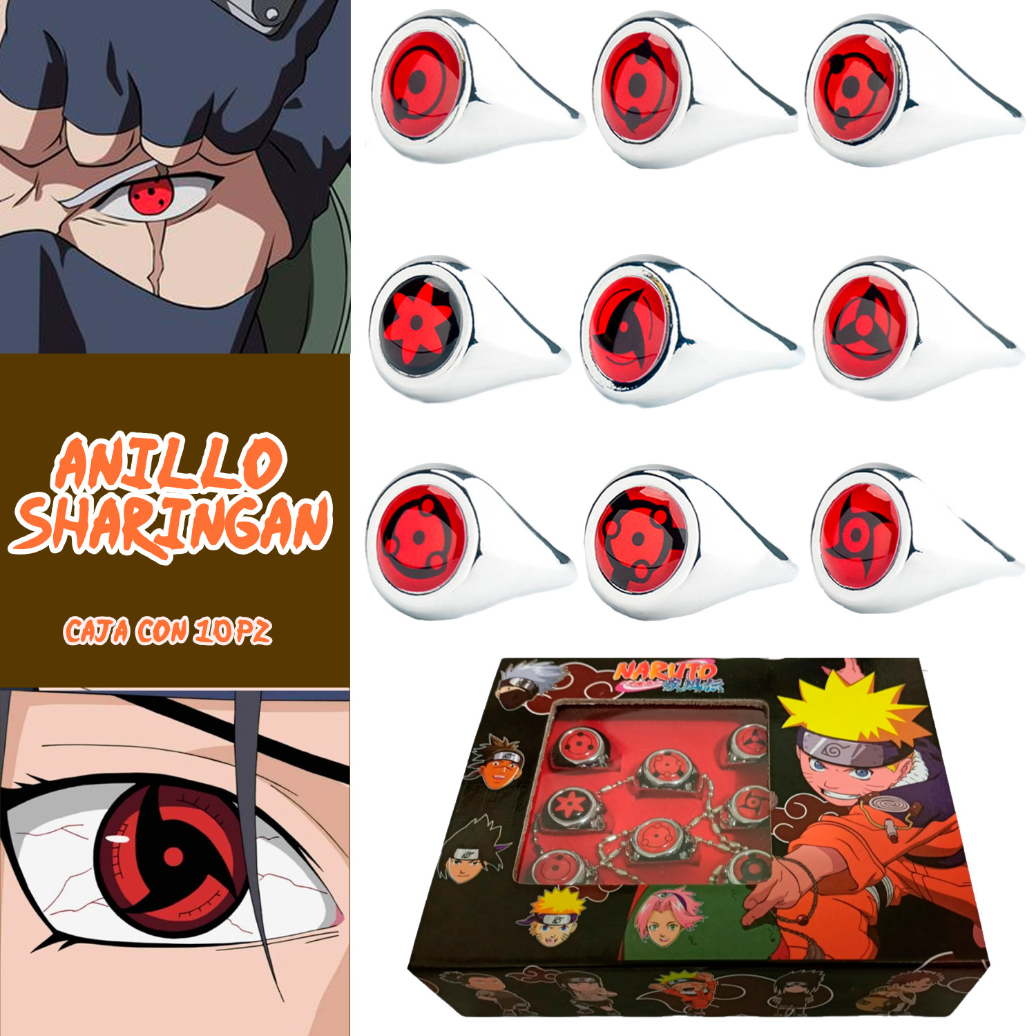Anillo Con Sharingan Cosplay Anime Naruto Sasuke 10 Piezas