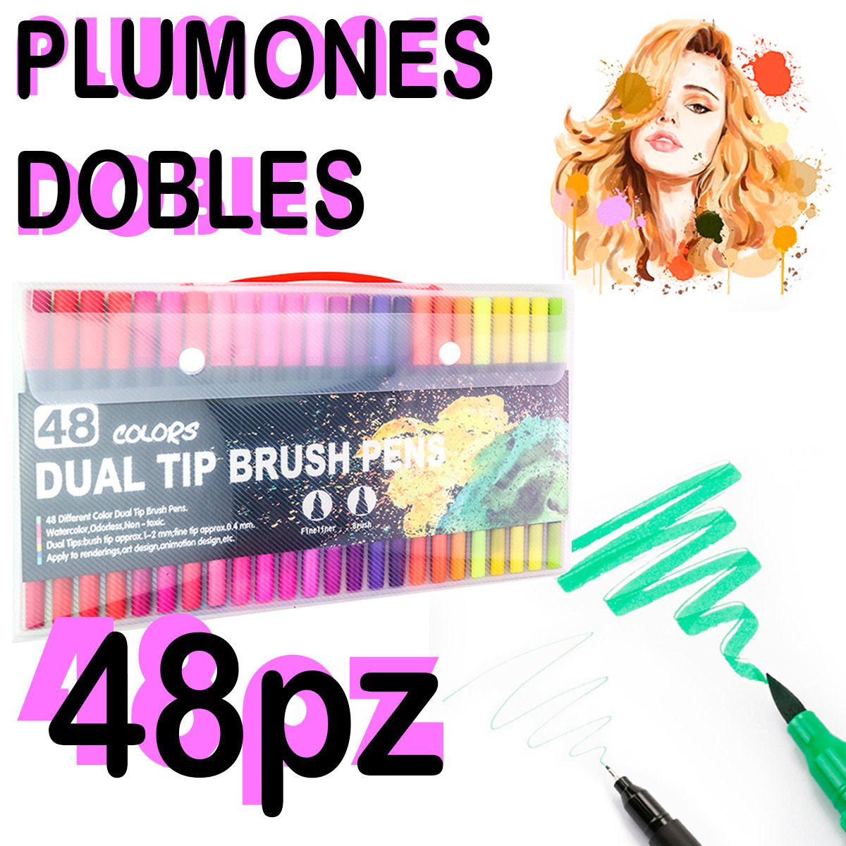 Plumones Punta Pincel 48 Colores Marcadores Dual Tip Brush