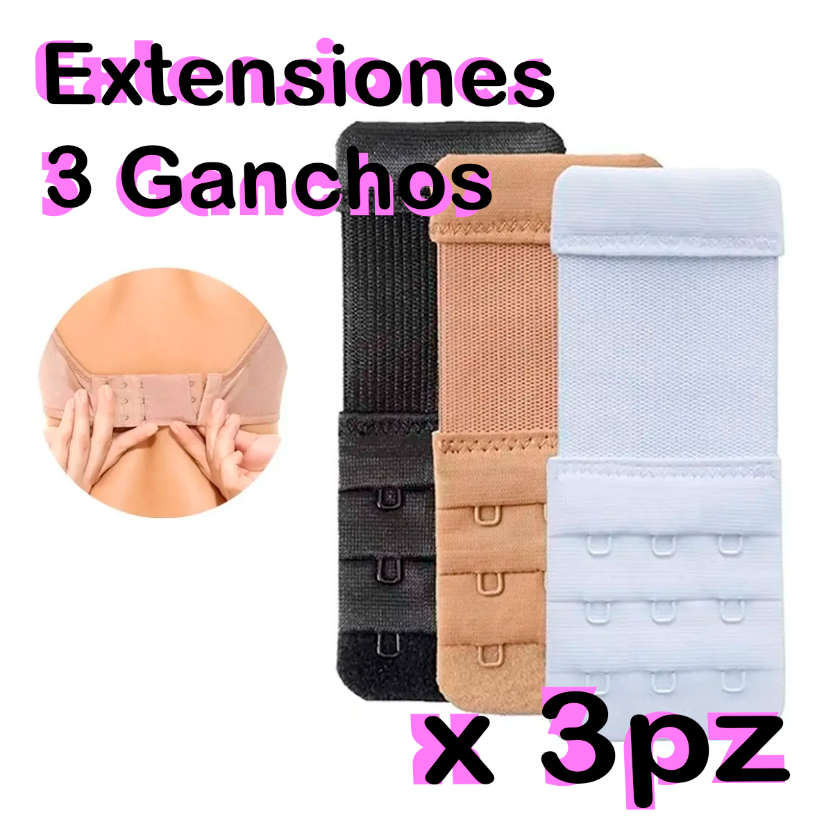 Set 3 Extensiones Brasier Negro/ Beige/ Blanco 2 Ganchos